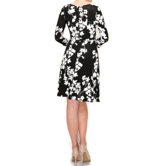 Janette Fashion Black White Floral Faux Wrap Knee Length Dress - Picture 2 of 4